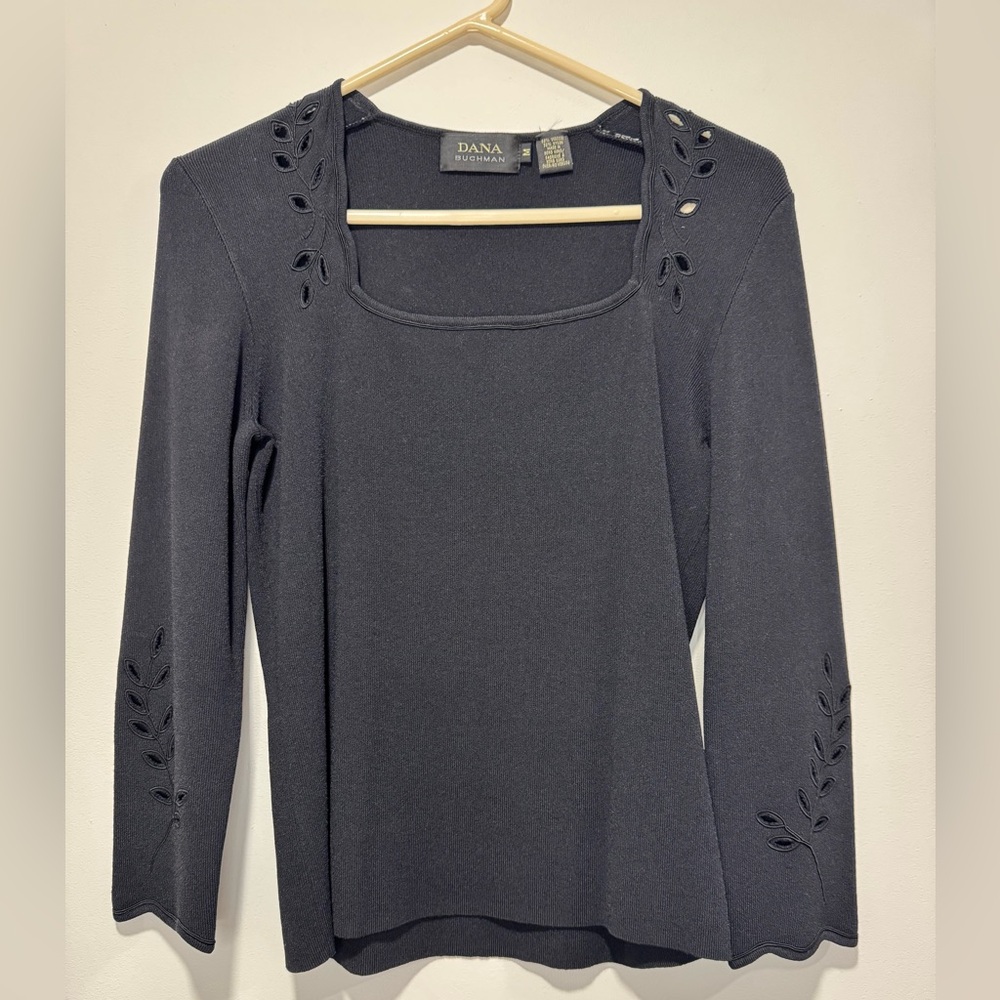 Vtg Dana Buchman Black Cut-Out Detail Blouse